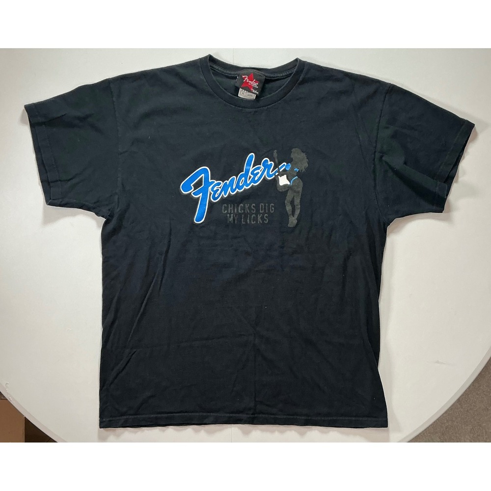 VTG USA Made Fender T Shirt Mens XL Baddie Sexy Girl Guitar Black Cotton Rock